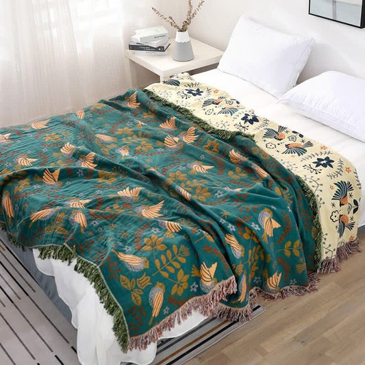 Boho Ademende Omkeerbare Quilt Met Vogel En Bloempatroon Blauwgroen