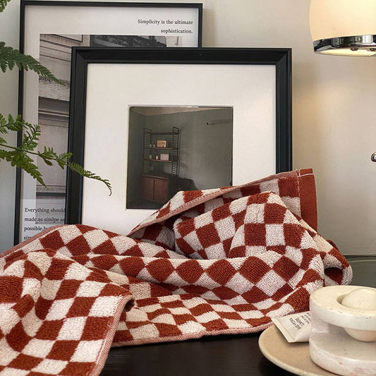 Ruitpatroon Badhanddoekenset Met Kleurblok Ontwerp Luxe Rood 34*76cm+70cm*140cm