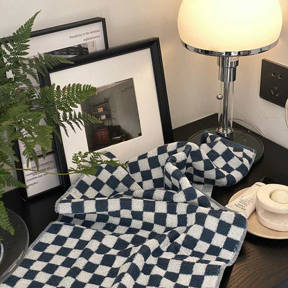 Ruitpatroon Badhanddoekenset Met Kleurblok Ontwerp Luxe Blauw 34*76cm+70cm*140cm