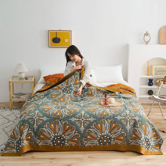 Donker Cyaan Dubbelzijdige Bloemen Katoenen Quilt Decoratie Zoals afbeelding