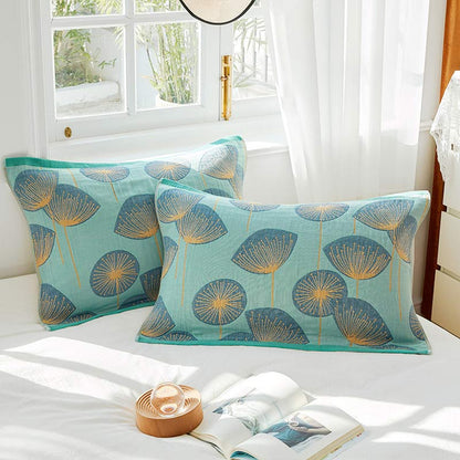 Paardenbloemprint Katoenen Gaas Kussen En Handdoek Set Van 2 Groen 52 cm x 75 cm