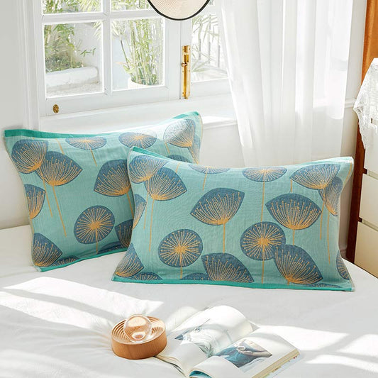 Paardenbloemprint Katoenen Gaas Kussen En Handdoek Set Van 2 Groen 52 cm x 75 cm