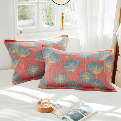 Paardenbloemprint Katoenen Gaas Kussen En Handdoek Set Van 2 Rood 52 cm x 75 cm