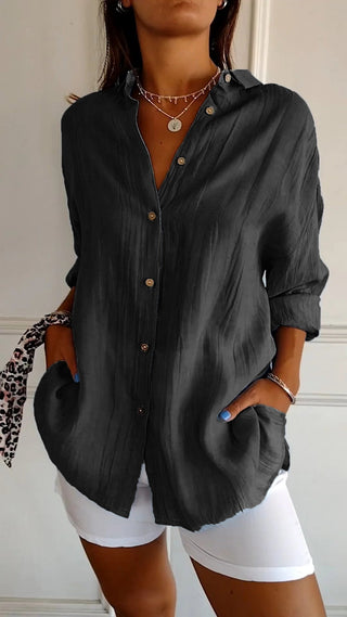 Pamelo | Zomerblouse voor dames met lange mouwen – Luchtige linnen-zijdemix, architectonische draperie en Scandinavische kustpracht zwart