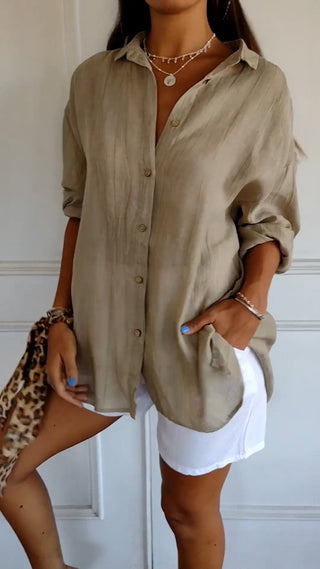 Pamelo | Zomerblouse voor dames met lange mouwen – Luchtige linnen-zijdemix, architectonische draperie en Scandinavische kustpracht abrikoos