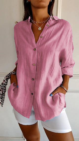 Pamelo | Zomerblouse voor dames met lange mouwen – Luchtige linnen-zijdemix, architectonische draperie en Scandinavische kustpracht roze
