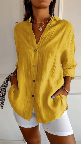 Pamelo | Zomerblouse voor dames met lange mouwen – Luchtige linnen-zijdemix, architectonische draperie en Scandinavische kustpracht geel
