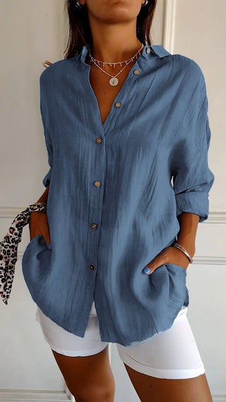 Pamelo | Zomerblouse voor dames met lange mouwen – Luchtige linnen-zijdemix, architectonische draperie en Scandinavische kustpracht donkerblauw