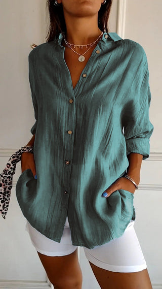 Pamelo | Zomerblouse voor dames met lange mouwen – Luchtige linnen-zijdemix, architectonische draperie en Scandinavische kustpracht zeegroen