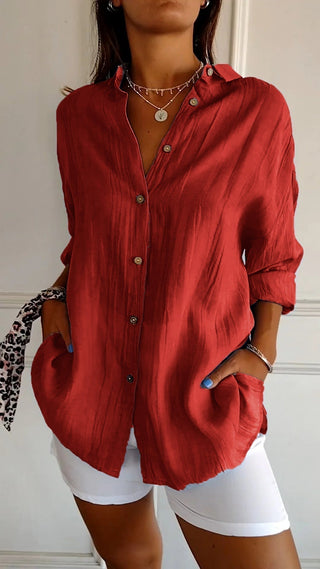 Pamelo | Zomerblouse voor dames met lange mouwen – Luchtige linnen-zijdemix, architectonische draperie en Scandinavische kustpracht rood