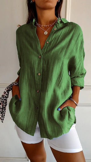 Pamelo | Zomerblouse voor dames met lange mouwen – Luchtige linnen-zijdemix, architectonische draperie en Scandinavische kustpracht groen