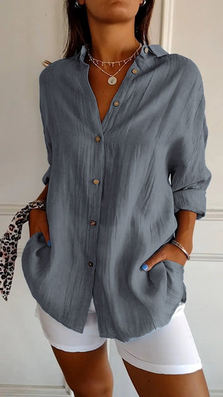 Pamelo | Zomerblouse voor dames met lange mouwen – Luchtige linnen-zijdemix, architectonische draperie en Scandinavische kustpracht grijs