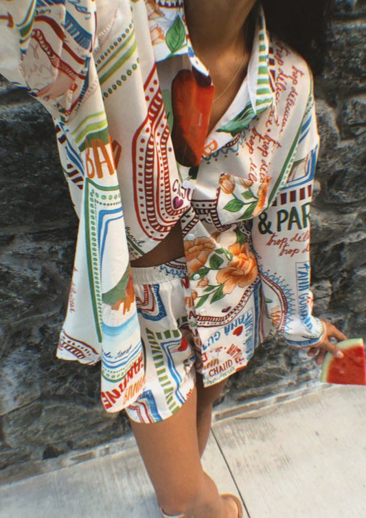 Rio Set Oversized Shirt en Shorts van Linnen Stof Rio Print