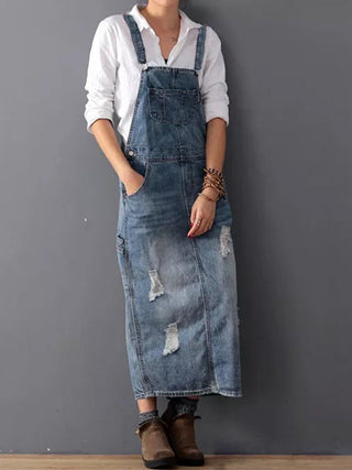 Rugslit Versleten Denim Dungaree Jurk Lichtblauw
