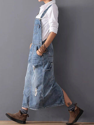 Rugslit Versleten Denim Dungaree Jurk