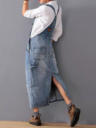 Rugslit Versleten Denim Dungaree Jurk