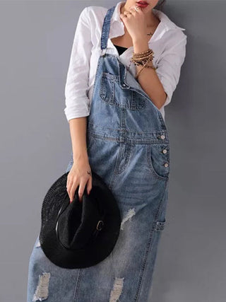 Rugslit Versleten Denim Dungaree Jurk
