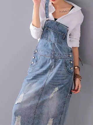 Rugslit Versleten Denim Dungaree Jurk