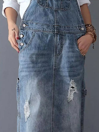 Rugslit Versleten Denim Dungaree Jurk