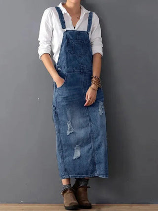 Rugslit Versleten Denim Dungaree Jurk Donkerblauw
