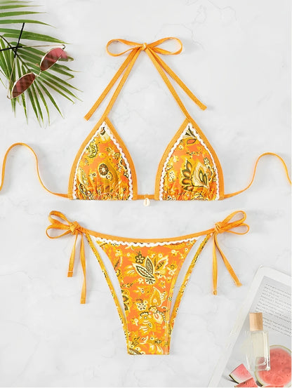 Dames Bikini Haltertop Zwart Nylon Twee Stuks Triangle Ontwerp Geel