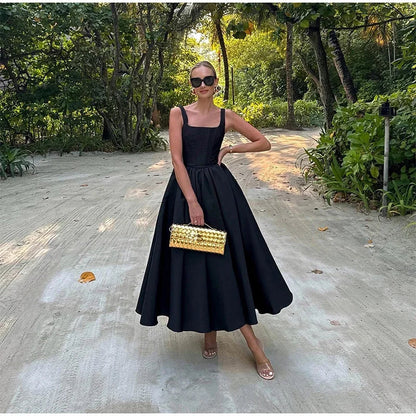 Dames Jurk – Mouwloos – A-lijn Midi – Vierkante Hals – Elegante Tailleaccentuatie