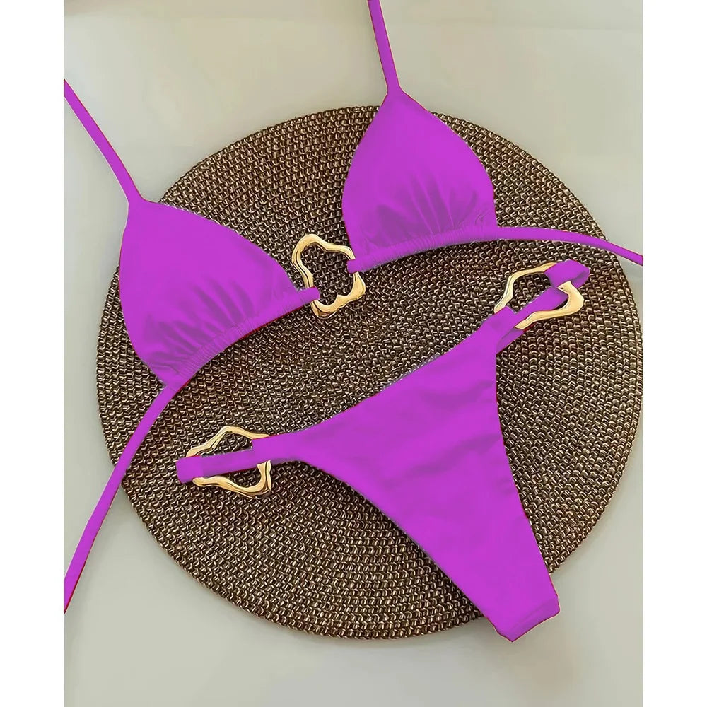 Dames Bikini Set Nylon Met Split En Veters Paars