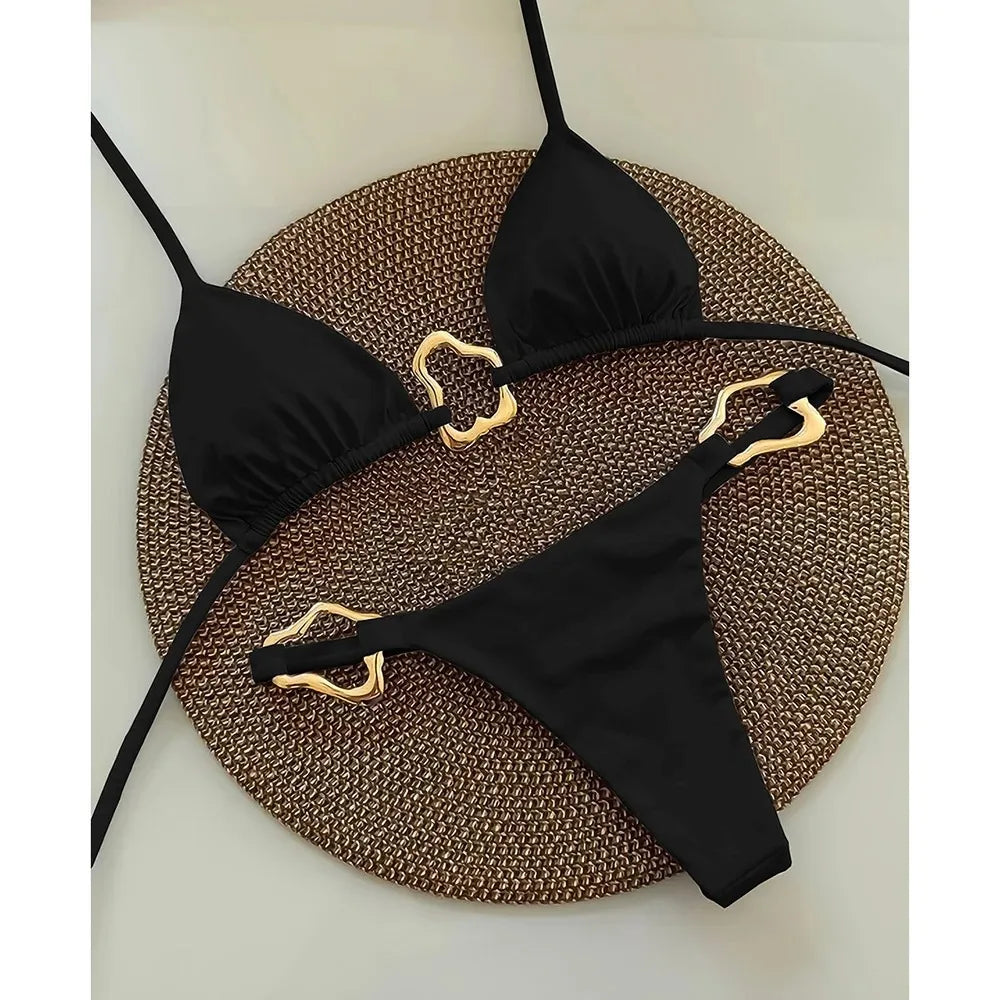 Dames Bikini Set Nylon Met Split En Veters Zwart