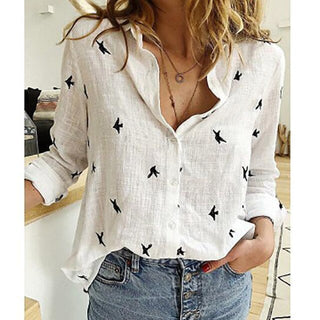 Valoria - Casual Blouse | Een Stoere & Luchtige Damesblouse Wit (met vogeltjes)