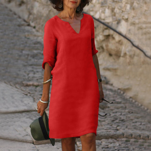 Zomerjurk Elegante Linnen Met V-Hals Midi Comfortabel Rood