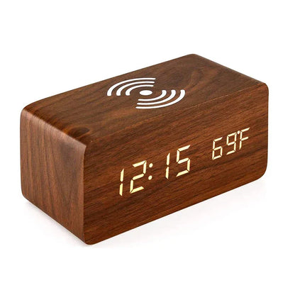 EcoTime – LED houten wekker met temperatuurdisplay Bruin met opladen