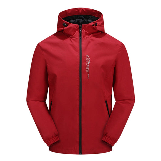 Heren Regenjas – Zwarte Waterdichte Jas met Capuchon en Lange Mouwen Rood