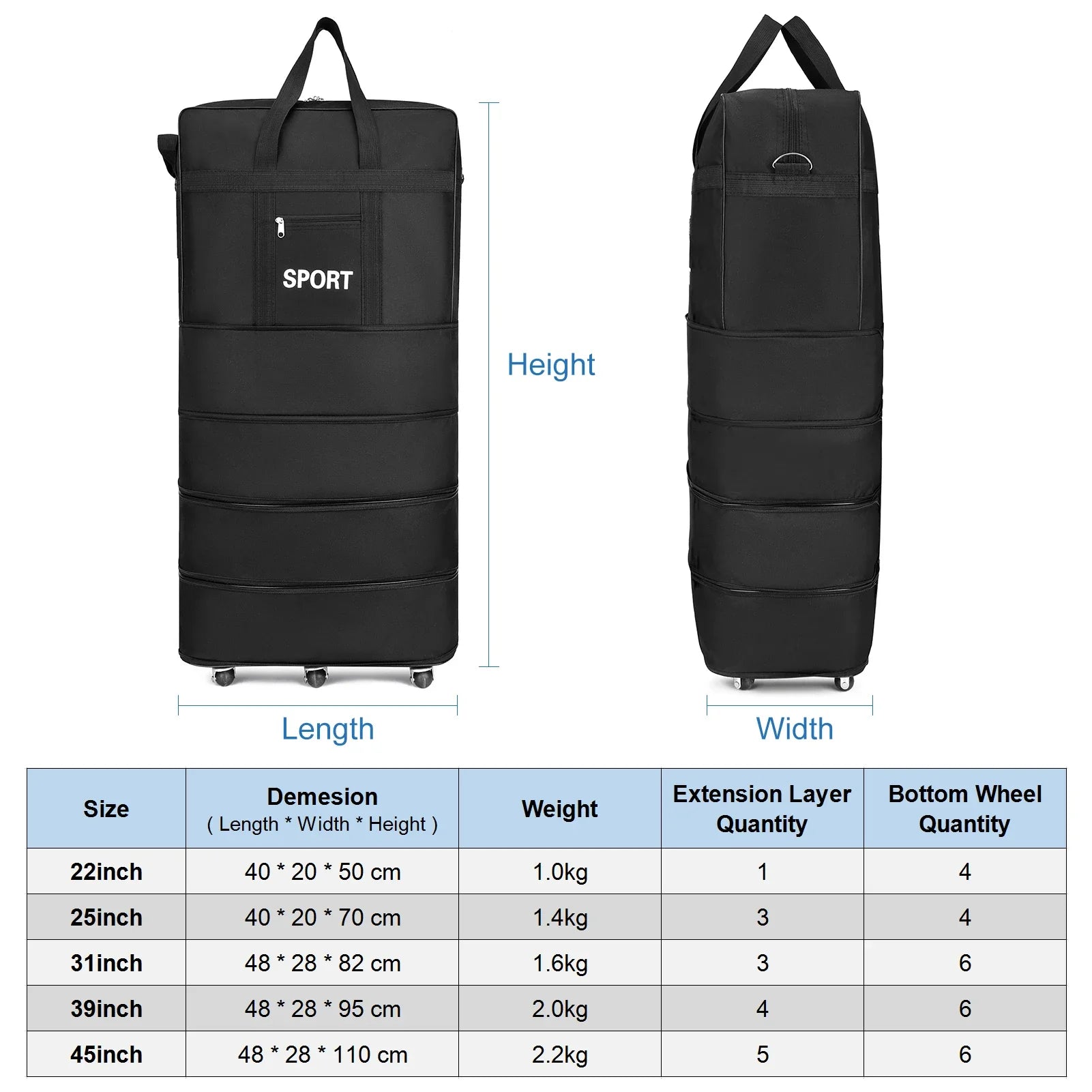 Uitbreidbare Koffer Bag Vouwbare Rollende Bagage Tas 31inch 39inch 45inch Voor Reis Zaken SEREIN