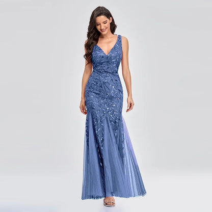 Dames Gala Avond Jurk V Neck Sequin Embellished Stoffig blauw