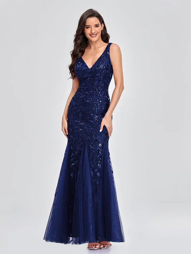 Dames Gala Avond Jurk V Neck Sequin Embellished Marineblauw