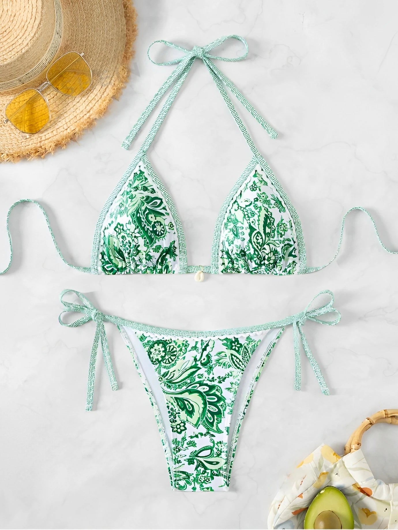 Dames Bikini Haltertop Zwart Nylon Twee Stuks Triangle Ontwerp Groen