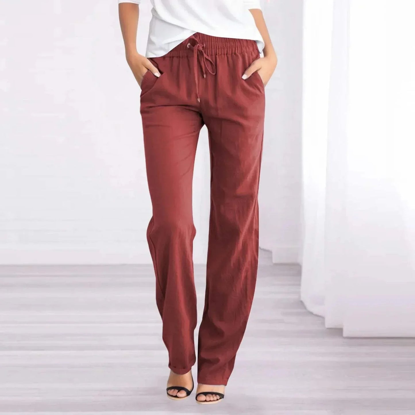 Dames Broek Ademend Lichtgewicht Elastische Taille Pasvorm Rood