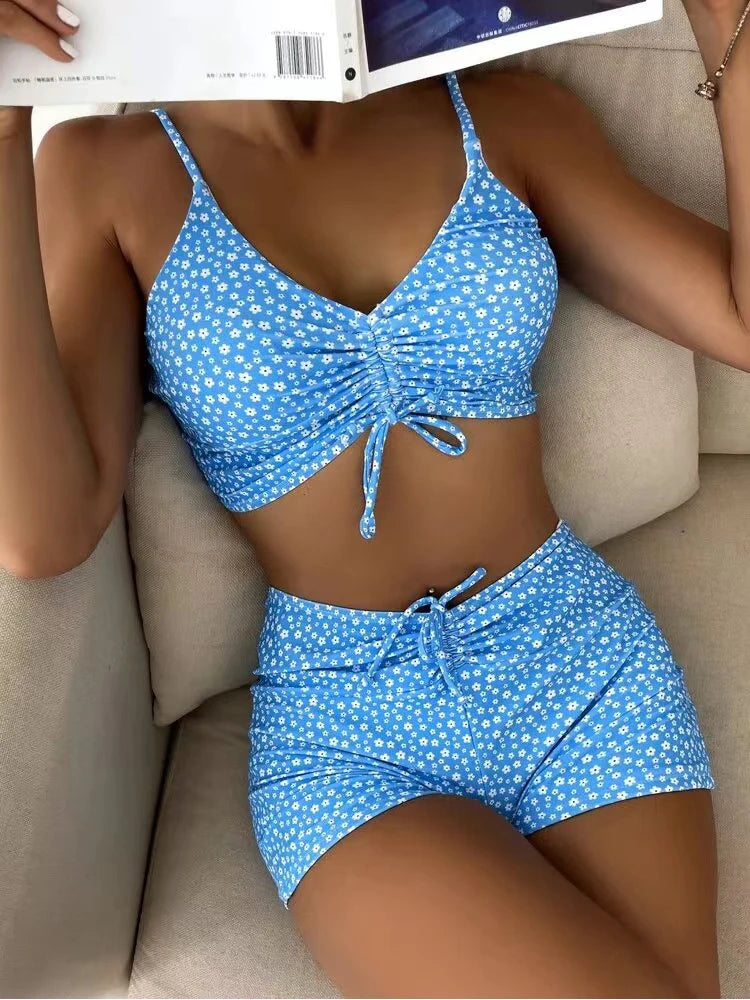 Vrouwen Hoge Taille Bikini Set Nylon Bloemenprint blauw