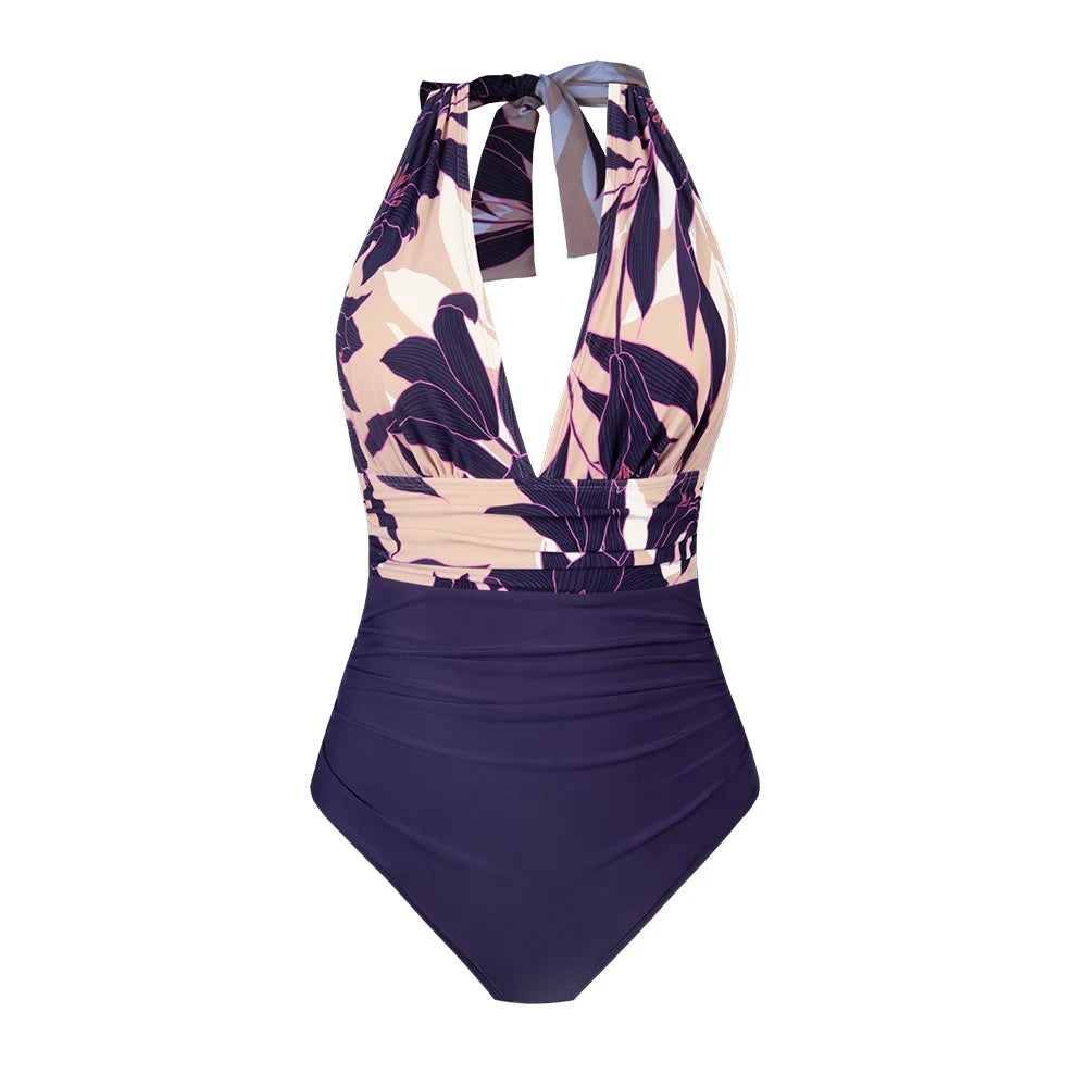 Dames Badpak Corrigerend Katoen Met Diepe V-hals en Marine Bloemenprint Roze bloemen