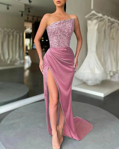 Jurk Strapless Ontwerp Fonkelende Bodice Vloeiende Snit Roze