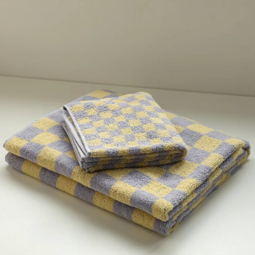 Dambord Katoenen Badhanddoek Hoogwaardige Zachtheid En Stijl 2 stuks (handdoek + badhanddoek) Geel & paars