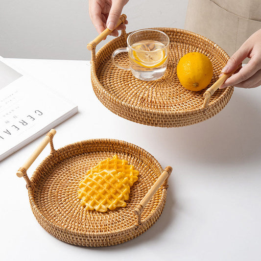 Handgeweven Ronde Rotan Schaal Met Handgrepen Dienblad