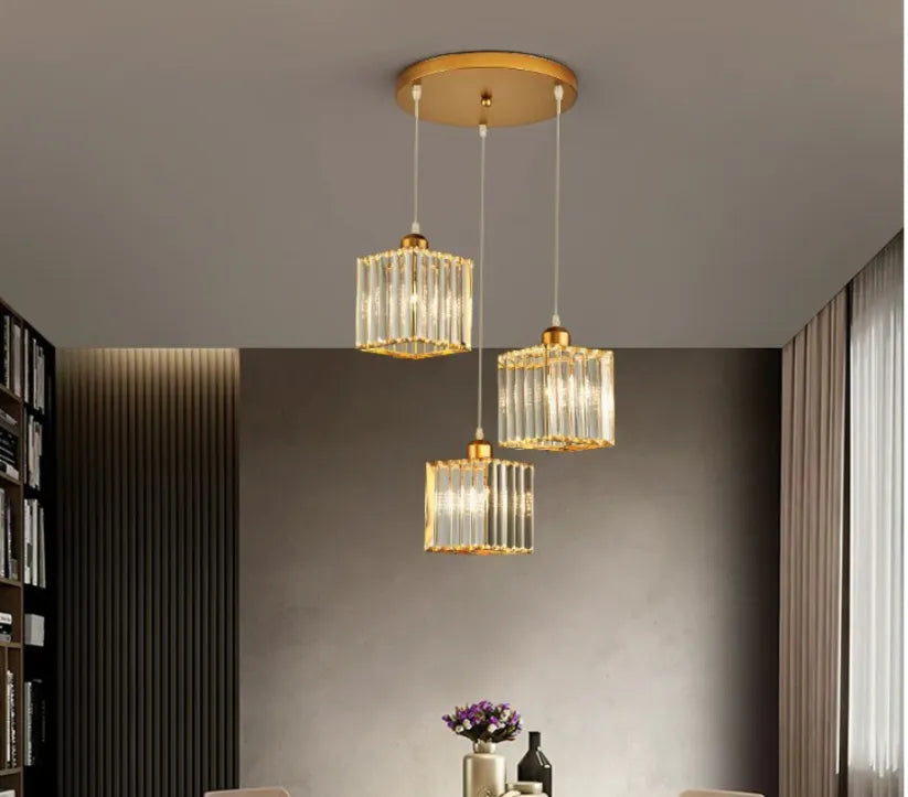 Hanglamp Moderne Metalen Glazen Verlichting Sfeer Ruimte Vierkant Goud 3 Hoofd-Ronde Plaat