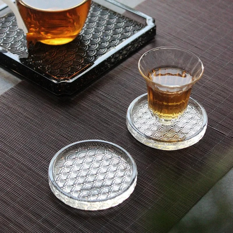 Japanse Glazen Onderzetter Voor Theemoment Met Golfpatroon