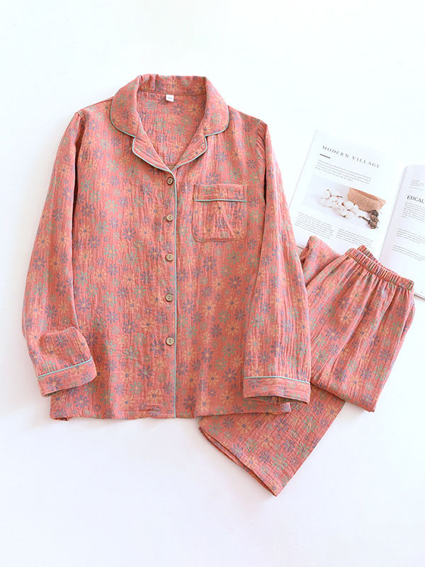 Vintage Bloemenprint Crepe Pyjama Set - 2-delig voor Dames Rustieke Roze Herfst