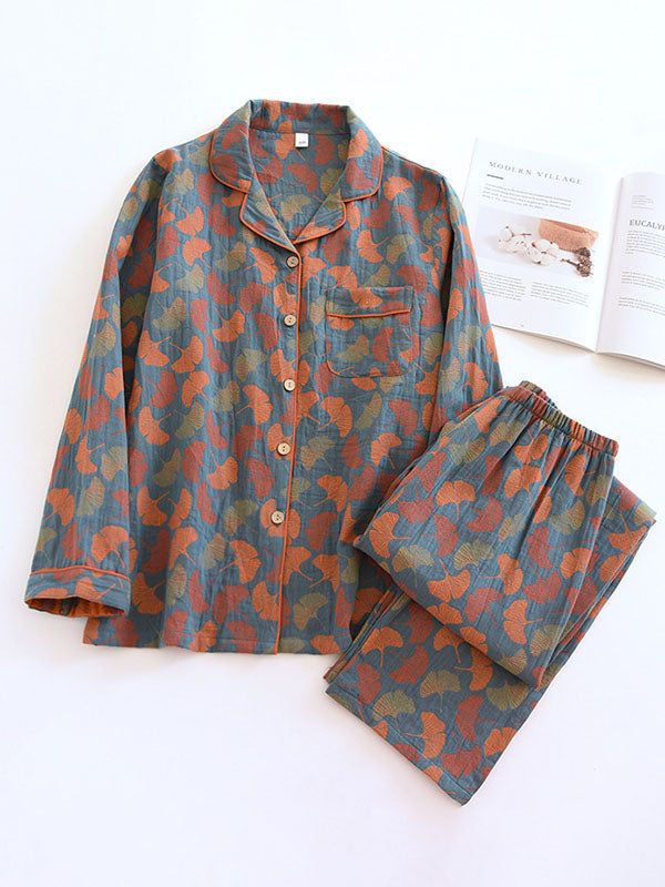 Vintage Bloemenprint Crepe Pyjama Set - 2-delig voor Dames Aardse Bladprint