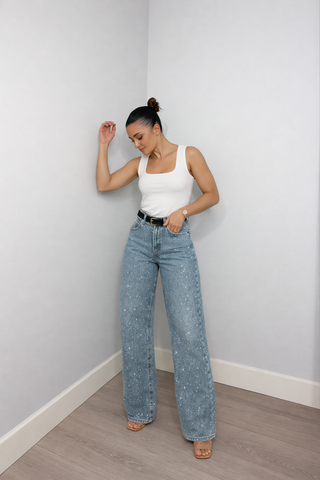 Inspire | Rechte High‑Waist Jeans met Glitter Details Blauw