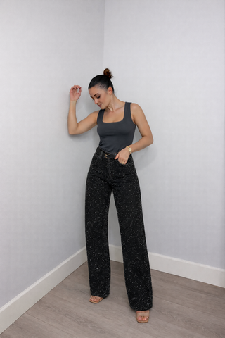 Inspire | Rechte High‑Waist Jeans met Glitter Details Zwart