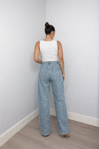 Flōre | Dames High-Waist Jeans – Rechte Pijp met Glitter Details & Katoen