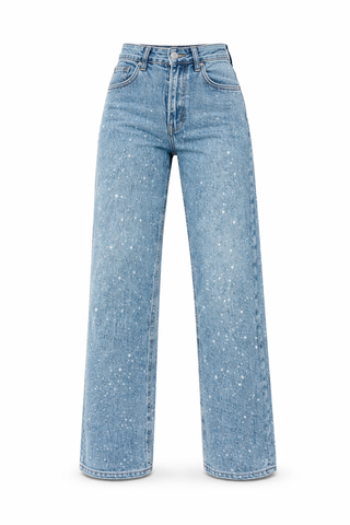 Flōre | Dames High-Waist Jeans – Rechte Pijp met Glitter Details & Katoen